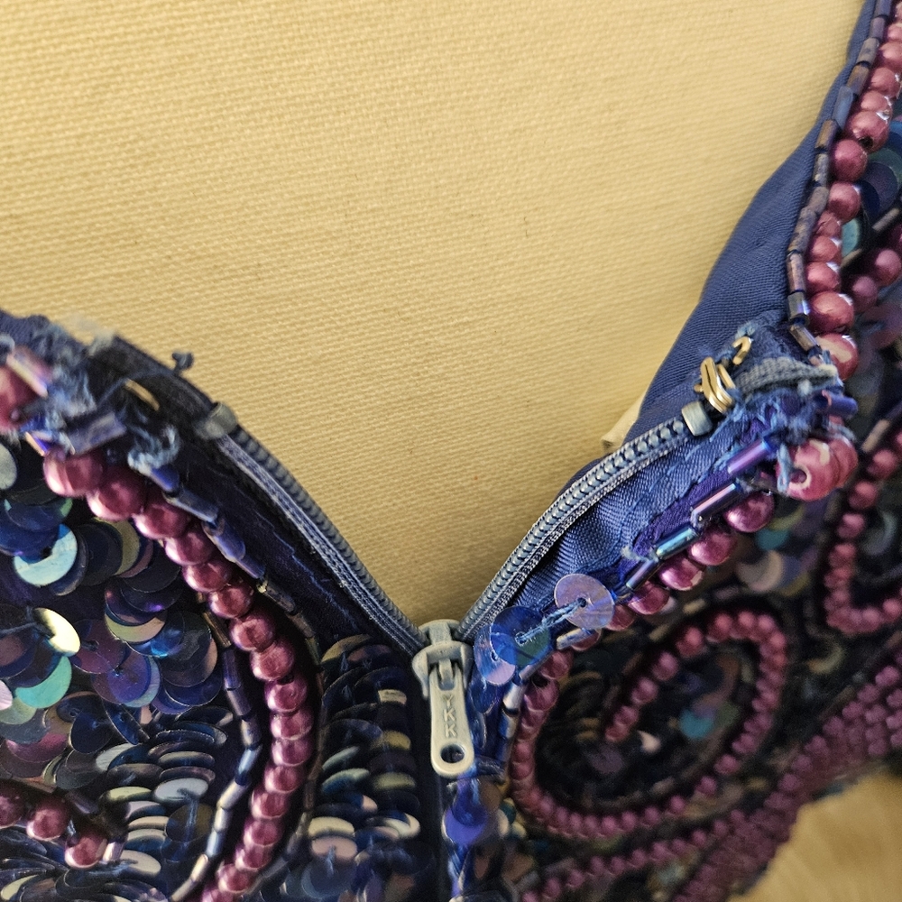 Vintage Silk Blue Beaded Sequin Top Petite XL - Picture 10 of 14